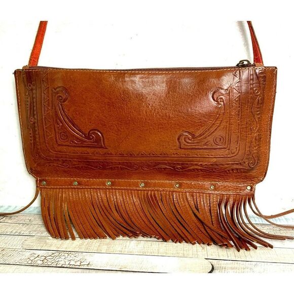MADDALENA MARCONI ITALY TAN GENUINE LEATHER FRINGE SLIM SHOULDER BAG HANDBAG - Picture 4 of 12